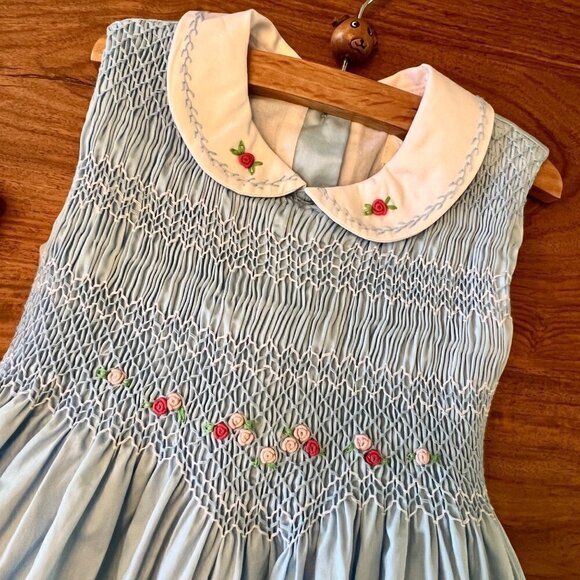 Solid Blue Smocked Dress Pink Rose Embroidery Peter Pan Collar & Sock Bundle - Picture 2 of 14